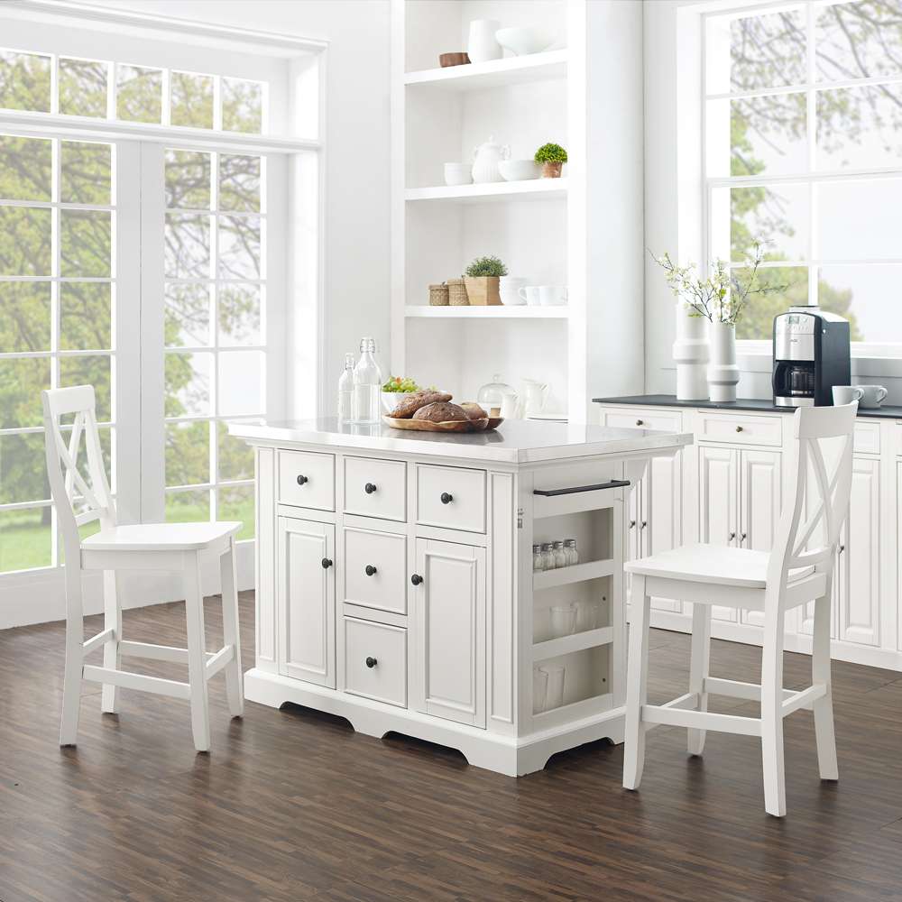 Crosley Furniture - Julia Stainless Steel Top Island W/X-Back Stools White/White - Island & 2 Stools - KF30064WH-WH veiw 1