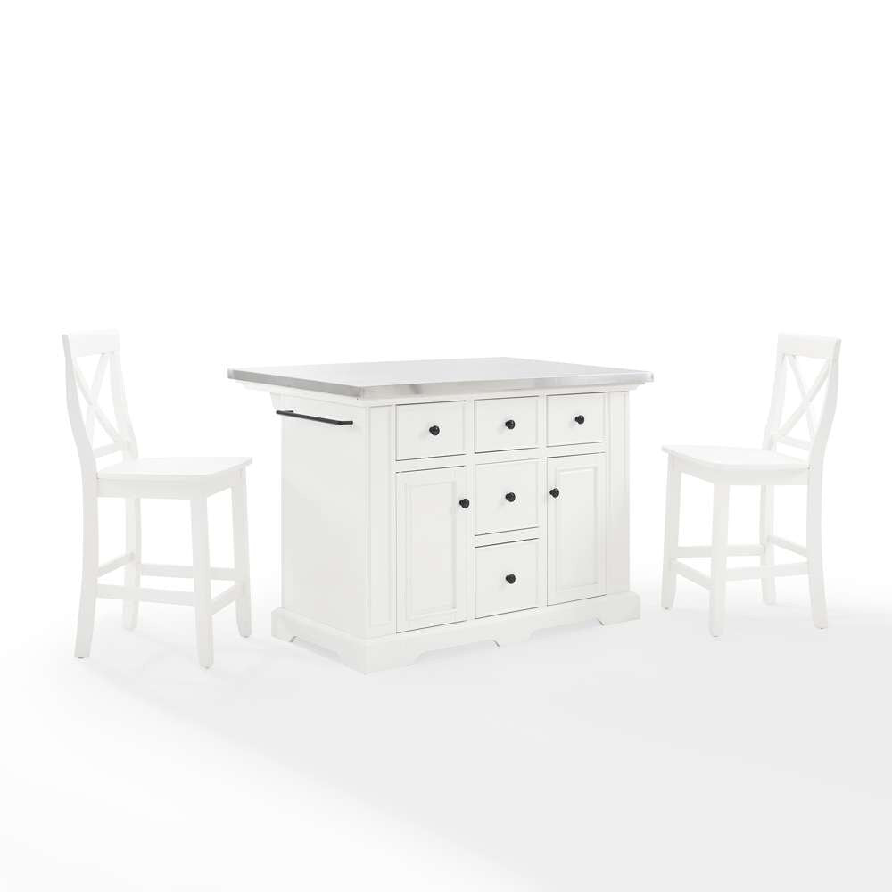 Crosley Furniture - Julia Stainless Steel Top Island W/X-Back Stools White/White - Island & 2 Stools - KF30064WH-WH veiw 2