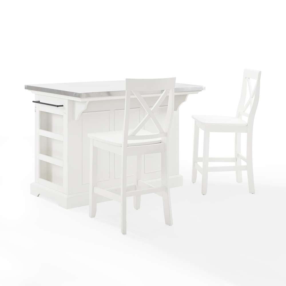 Crosley Furniture - Julia Stainless Steel Top Island W/X-Back Stools White/White - Island & 2 Stools - KF30064WH-WH veiw 3