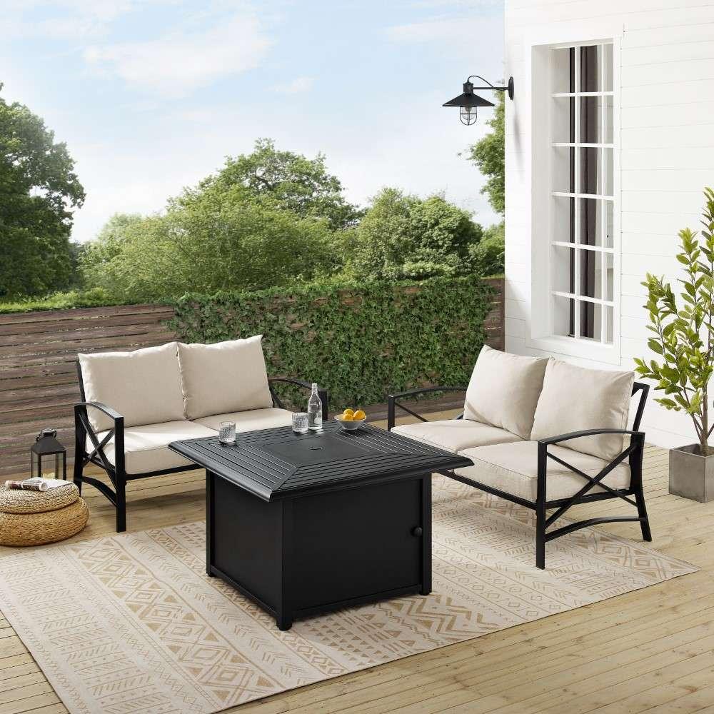 Crosley Furniture - Kaplan 3Pc Outdoor Metal Conversation Set W-Fire Table Oatmeal-Oil Rubbed Bronze - Dante Fire Table and 2 Loveseats - KO60038BZ-OL veiw 3