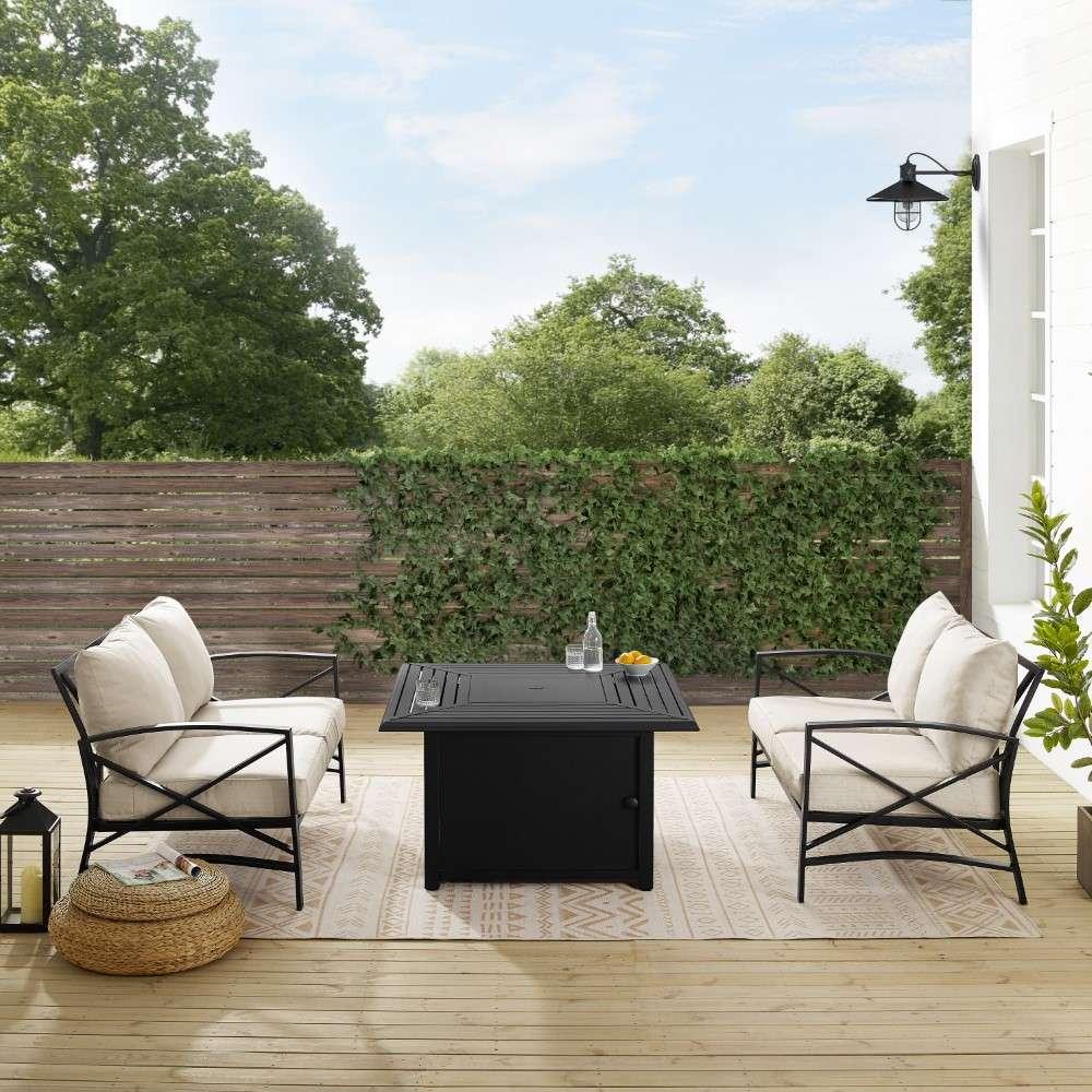 Crosley Furniture - Kaplan 3Pc Outdoor Metal Conversation Set W-Fire Table Oatmeal-Oil Rubbed Bronze - Dante Fire Table and 2 Loveseats - KO60038BZ-OL veiw 4