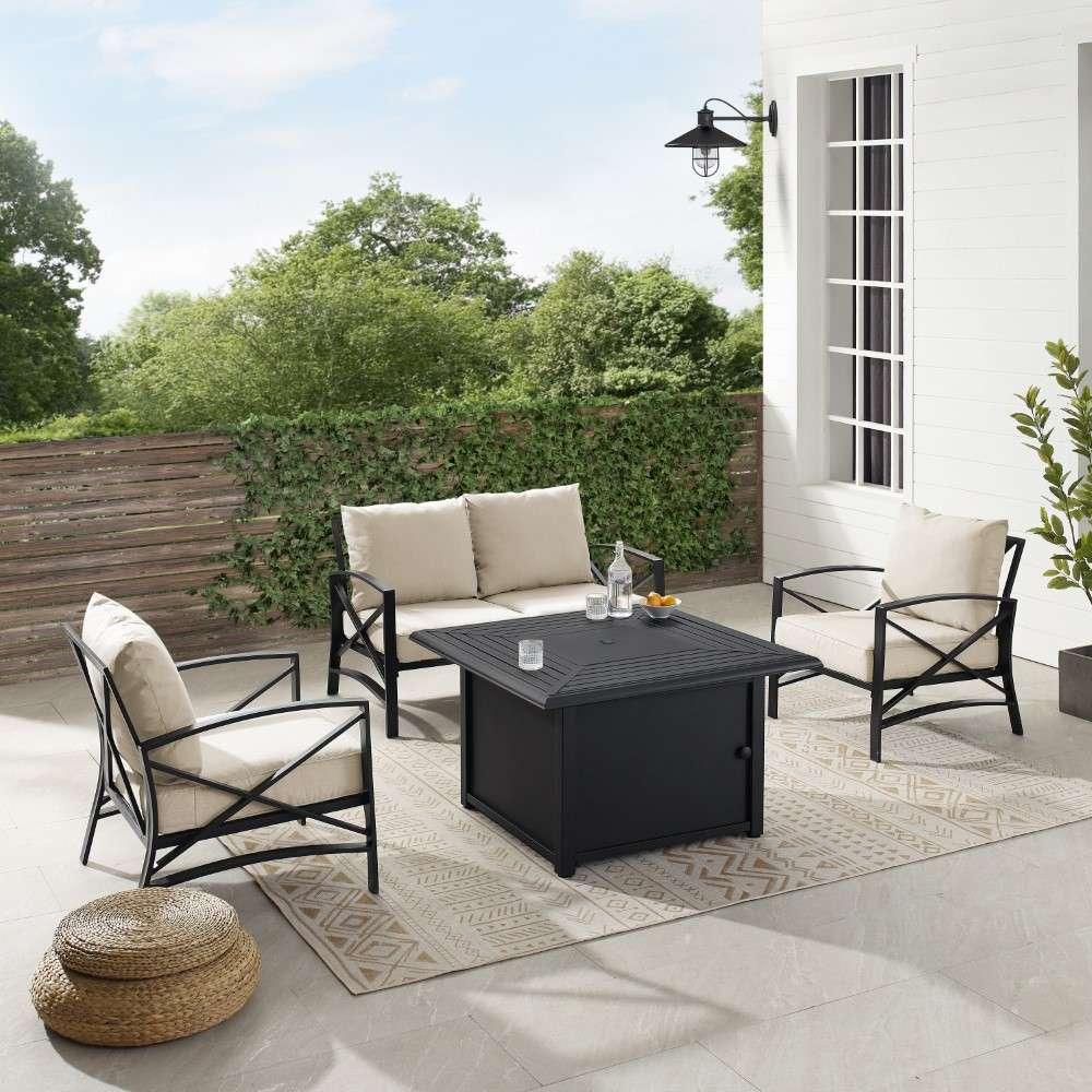 Crosley Furniture - Kaplan 4Pc Outdoor Metal Conversation Set W-Fire Table Oatmeal-Oil Rubbed Bronze - Loveseat, Dante Fire Table, and 2 Arm Chairs - KO60037BZ-OL veiw 3
