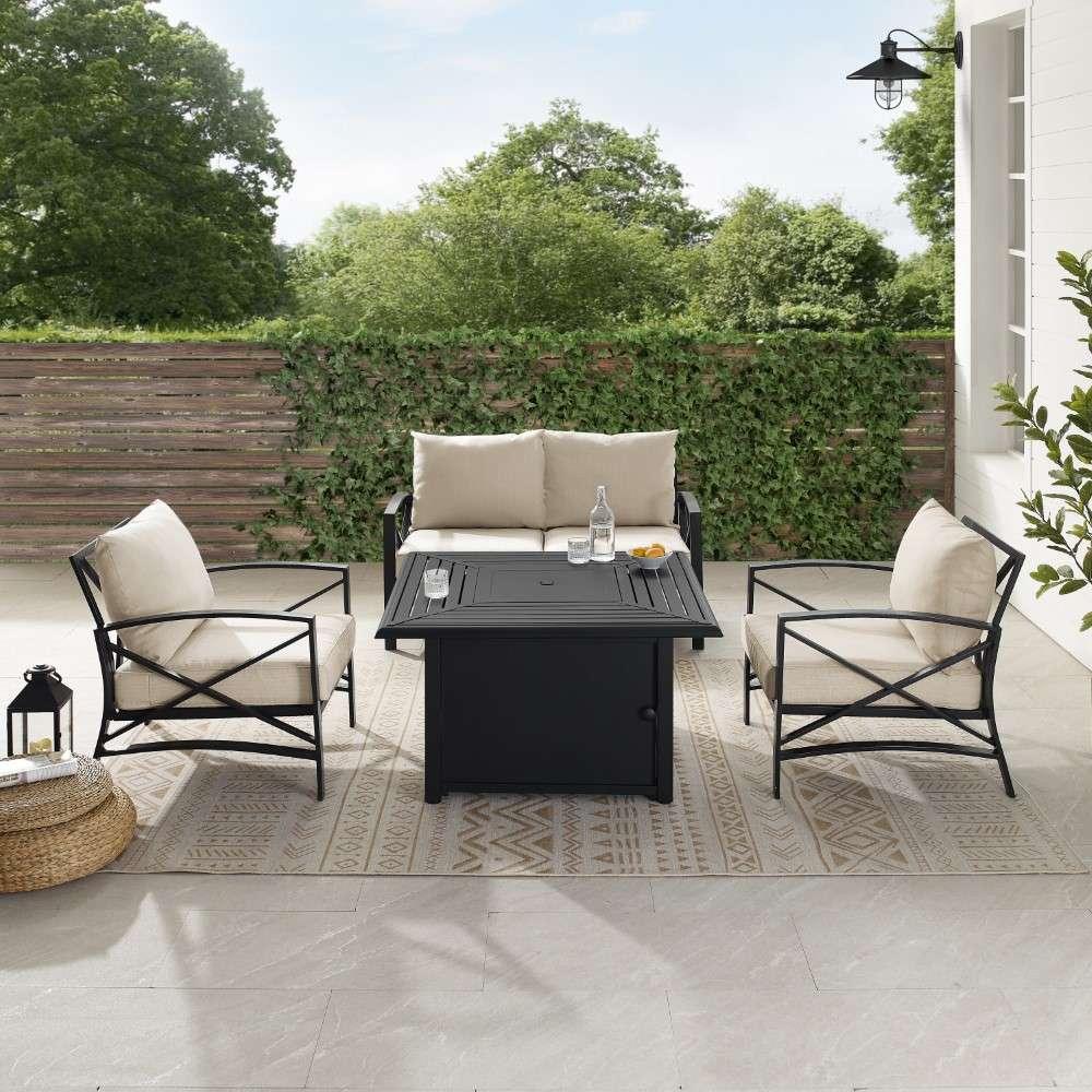 Crosley Furniture - Kaplan 4Pc Outdoor Metal Conversation Set W-Fire Table Oatmeal-Oil Rubbed Bronze - Loveseat, Dante Fire Table, and 2 Arm Chairs - KO60037BZ-OL veiw 4