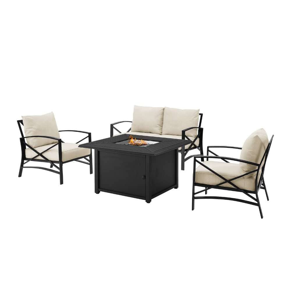 Crosley Furniture - Kaplan 4Pc Outdoor Metal Conversation Set W-Fire Table Oatmeal-Oil Rubbed Bronze - Loveseat, Dante Fire Table, and 2 Arm Chairs - KO60037BZ-OL veiw 5