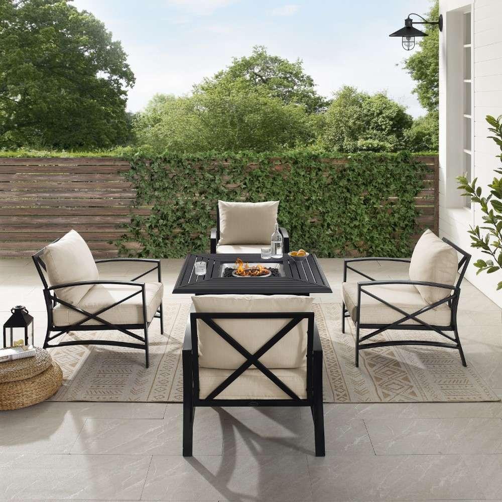 Crosley Furniture - Kaplan 5Pc Outdoor Metal Conversation Set W-Fire Table Oatmeal-Oil Rubbed Bronze - Dante Fire Table and 4 Arm Chairs - KO60035BZ-OL veiw 2