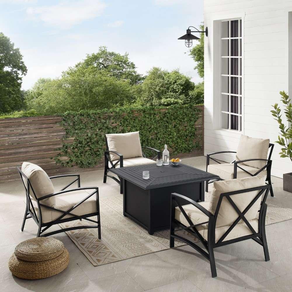 Crosley Furniture - Kaplan 5Pc Outdoor Metal Conversation Set W-Fire Table Oatmeal-Oil Rubbed Bronze - Dante Fire Table and 4 Arm Chairs - KO60035BZ-OL veiw 3