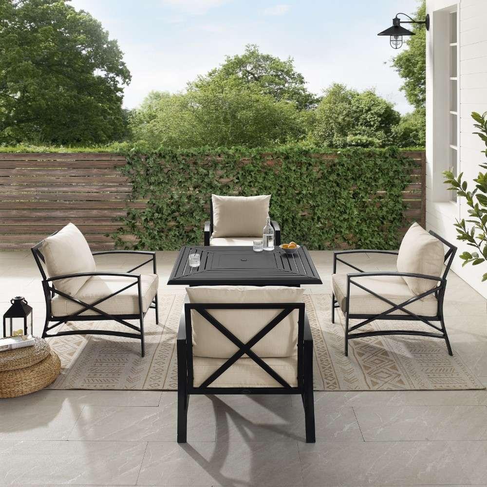 Crosley Furniture - Kaplan 5Pc Outdoor Metal Conversation Set W-Fire Table Oatmeal-Oil Rubbed Bronze - Dante Fire Table and 4 Arm Chairs - KO60035BZ-OL veiw 4