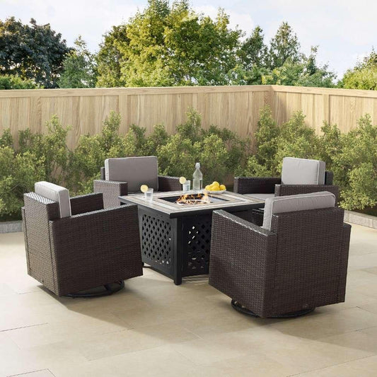 Crosley Furniture - Palm Harbor 5Pc Outdoor Wicker Conversation Set W-Fire Table Gray-Brown - Tucson Fire Table and 4 Swivel Rocking Chairs - KO70600BR-GY veiw 1