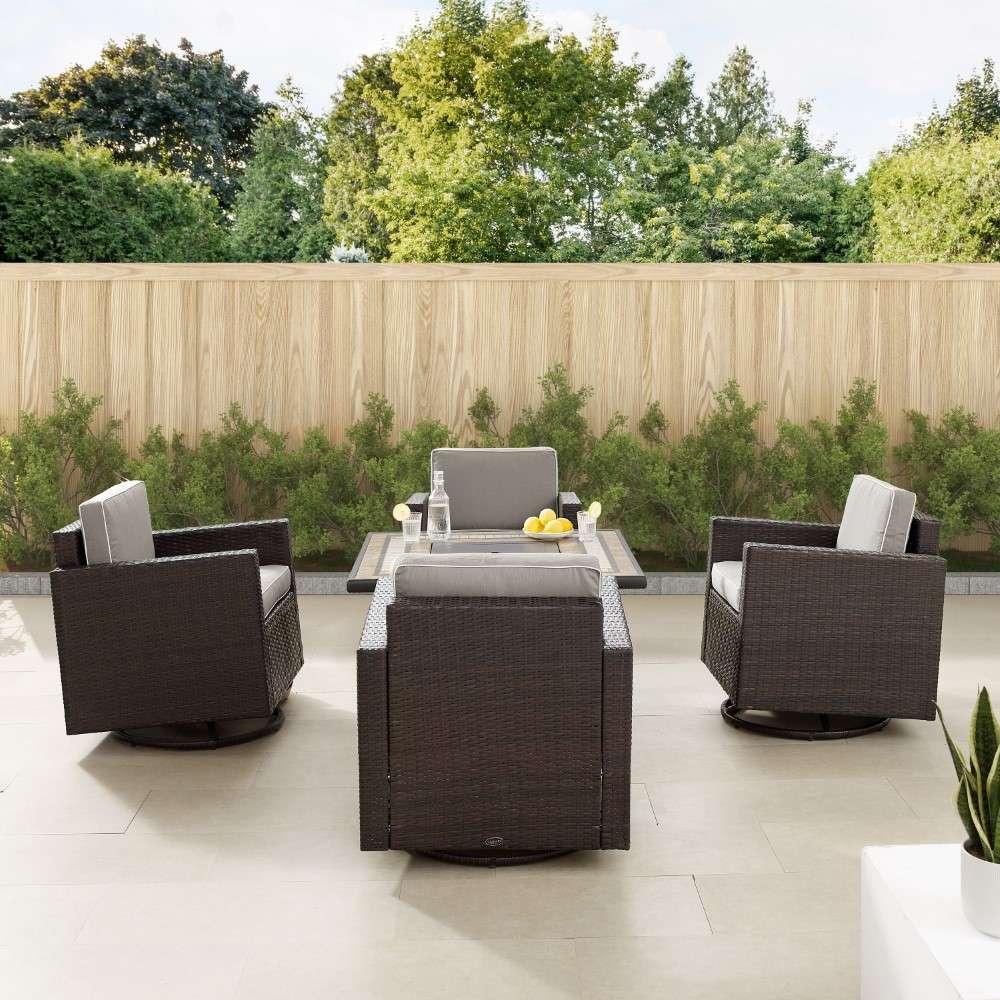 Crosley Furniture - Palm Harbor 5Pc Outdoor Wicker Conversation Set W-Fire Table Gray-Brown - Tucson Fire Table and 4 Swivel Rocking Chairs - KO70600BR-GY veiw 2
