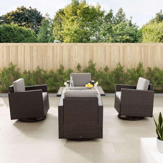 Crosley Furniture - Palm Harbor 5Pc Outdoor Wicker Conversation Set W-Fire Table Gray-Brown - Tucson Fire Table and 4 Swivel Rocking Chairs - KO70600BR-GY veiw 2