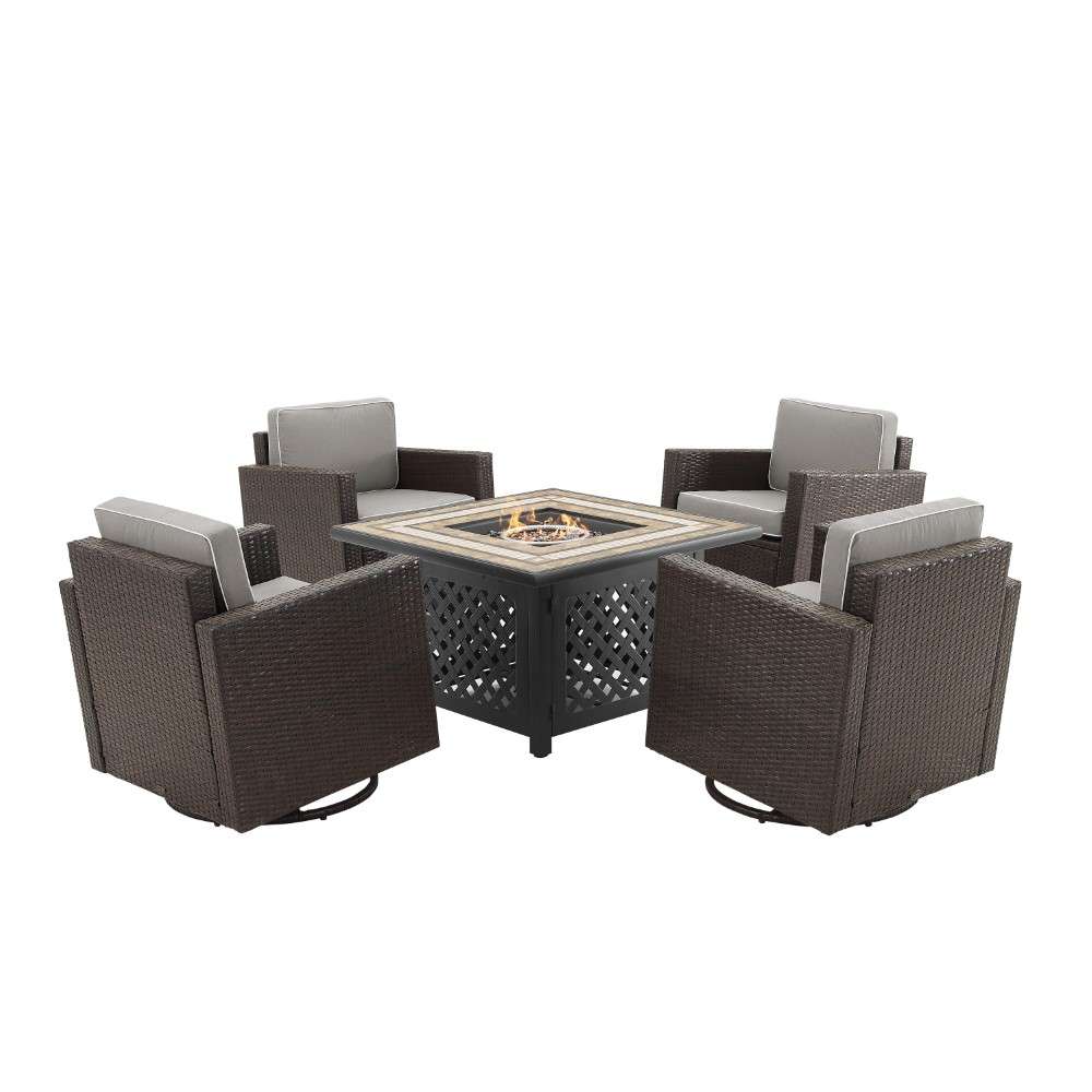 Crosley Furniture - Palm Harbor 5Pc Outdoor Wicker Conversation Set W-Fire Table Gray-Brown - Tucson Fire Table and 4 Swivel Rocking Chairs - KO70600BR-GY veiw 3