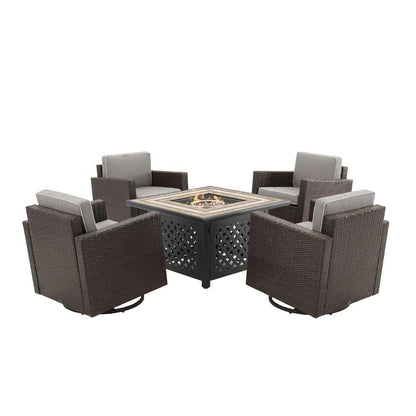 Crosley Furniture - Palm Harbor 5Pc Outdoor Wicker Conversation Set W-Fire Table Gray-Brown - Tucson Fire Table and 4 Swivel Rocking Chairs - KO70600BR-GY veiw 3