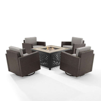 Crosley Furniture - Palm Harbor 5Pc Outdoor Wicker Conversation Set W-Fire Table Gray-Brown - Tucson Fire Table and 4 Swivel Rocking Chairs - KO70600BR-GY veiw 6