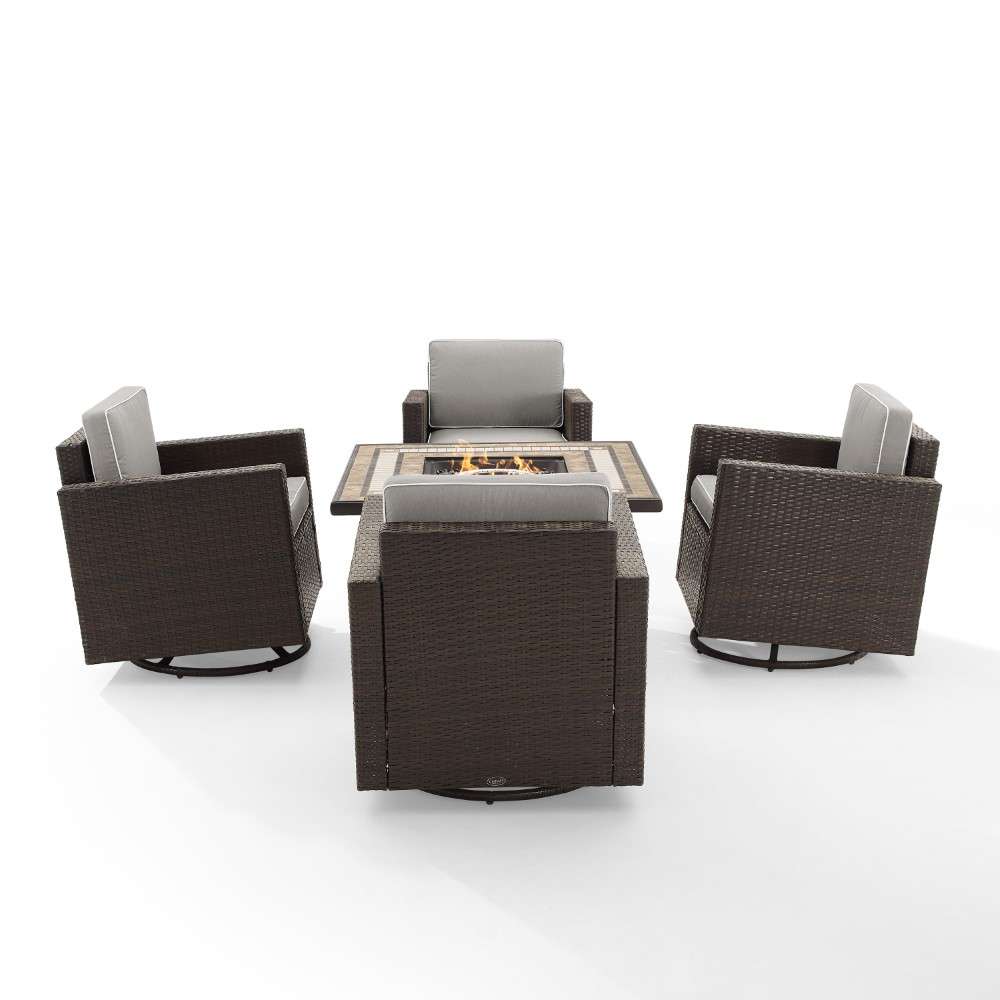 Crosley Furniture - Palm Harbor 5Pc Outdoor Wicker Conversation Set W-Fire Table Gray-Brown - Tucson Fire Table and 4 Swivel Rocking Chairs - KO70600BR-GY veiw 7