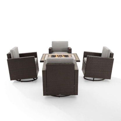 Crosley Furniture - Palm Harbor 5Pc Outdoor Wicker Conversation Set W-Fire Table Gray-Brown - Tucson Fire Table and 4 Swivel Rocking Chairs - KO70600BR-GY veiw 7