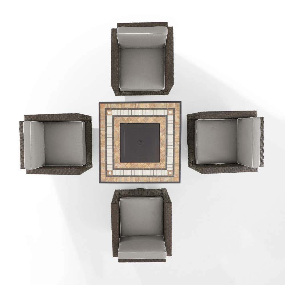 Crosley Furniture - Palm Harbor 5Pc Outdoor Wicker Conversation Set W-Fire Table Gray-Brown - Tucson Fire Table and 4 Swivel Rocking Chairs - KO70600BR-GY veiw 9