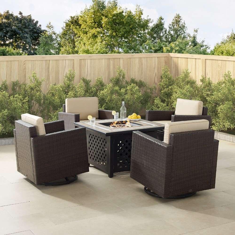Crosley Furniture - Palm Harbor 5Pc Outdoor Wicker Conversation Set W-Fire Table Sand-Brown - Tucson Fire Table and 4 Swivel Rocking Chairs - KO70600BR-SA veiw 1