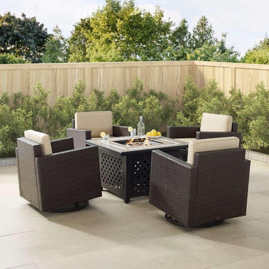 Crosley Furniture - Palm Harbor 5Pc Outdoor Wicker Conversation Set W-Fire Table Sand-Brown - Tucson Fire Table and 4 Swivel Rocking Chairs - KO70600BR-SA veiw 1