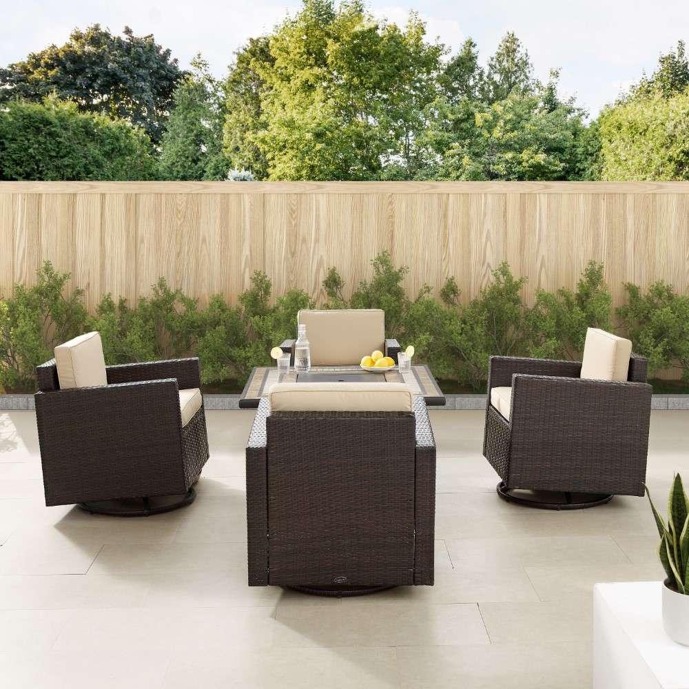 Crosley Furniture - Palm Harbor 5Pc Outdoor Wicker Conversation Set W-Fire Table Sand-Brown - Tucson Fire Table and 4 Swivel Rocking Chairs - KO70600BR-SA veiw 2