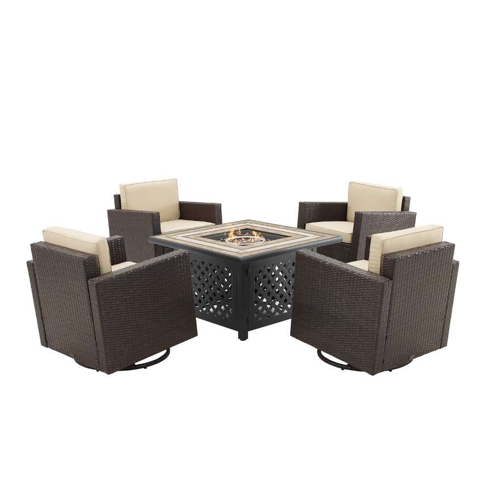 Crosley Furniture - Palm Harbor 5Pc Outdoor Wicker Conversation Set W-Fire Table Sand-Brown - Tucson Fire Table and 4 Swivel Rocking Chairs - KO70600BR-SA veiw 3