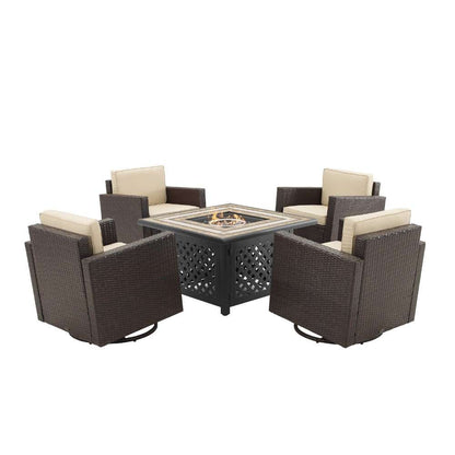 Crosley Furniture - Palm Harbor 5Pc Outdoor Wicker Conversation Set W-Fire Table Sand-Brown - Tucson Fire Table and 4 Swivel Rocking Chairs - KO70600BR-SA veiw 3