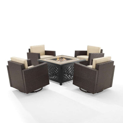 Crosley Furniture - Palm Harbor 5Pc Outdoor Wicker Conversation Set W-Fire Table Sand-Brown - Tucson Fire Table and 4 Swivel Rocking Chairs - KO70600BR-SA veiw 6