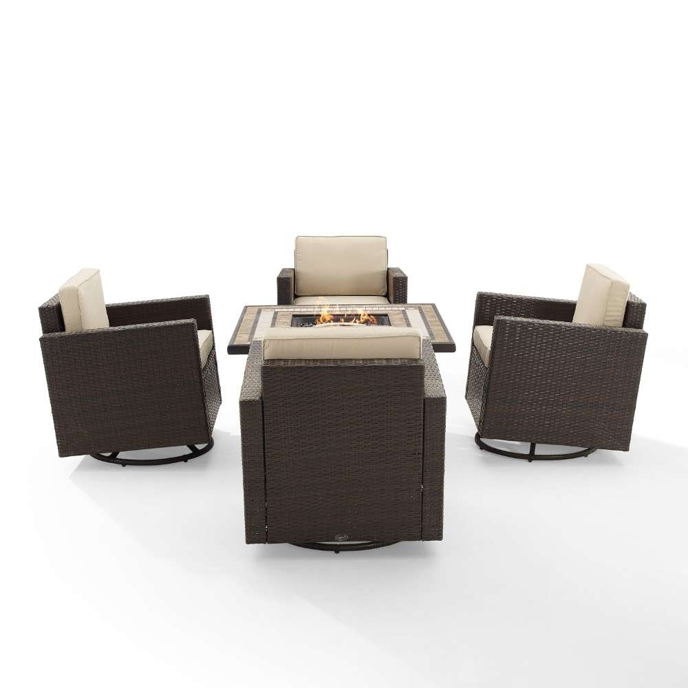 Crosley Furniture - Palm Harbor 5Pc Outdoor Wicker Conversation Set W-Fire Table Sand-Brown - Tucson Fire Table and 4 Swivel Rocking Chairs - KO70600BR-SA veiw 7