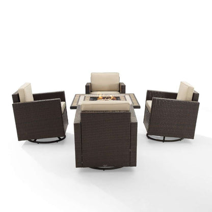 Crosley Furniture - Palm Harbor 5Pc Outdoor Wicker Conversation Set W-Fire Table Sand-Brown - Tucson Fire Table and 4 Swivel Rocking Chairs - KO70600BR-SA veiw 7