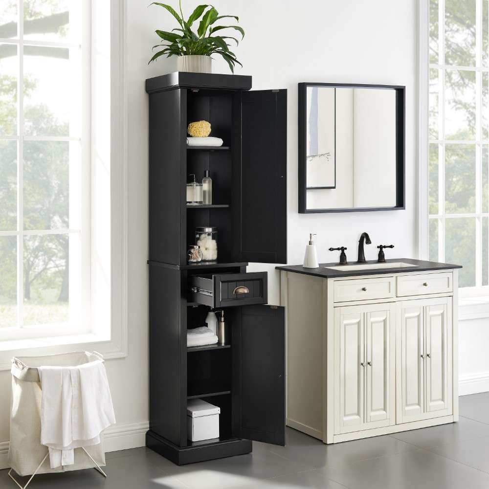 Crosley Furniture - Seaside Tall Linen Cabinet Distressed Black - CF7019-BK veiw 3
