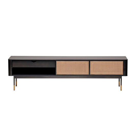 Euro Style - Miriam 71in Media Stand in Black with Natural Wicker - 94218BLK veiw 1