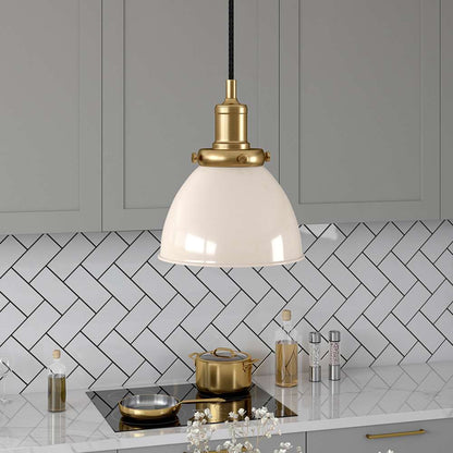 Hudson & Canal - Madison 8in Wide Pendant with Metal Shade in Pearled White/Brass/Pearled White - PD0220 veiw 2
