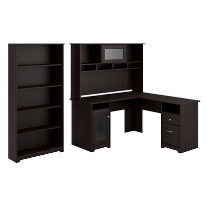 Bush Furniture - Cabot 60W L Shaped Computer Desk with Hutch and 5 Shelf Bookcase in Espresso Oak - CAB011EPO veiw 1