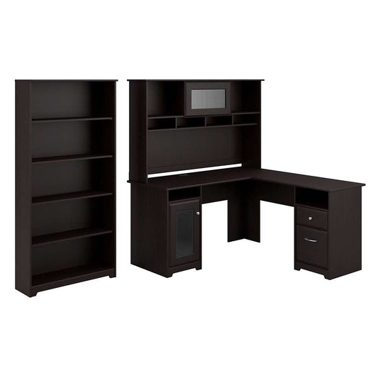 Bush Furniture - Cabot 60W L Shaped Computer Desk with Hutch and 5 Shelf Bookcase in Espresso Oak - CAB011EPO veiw 1