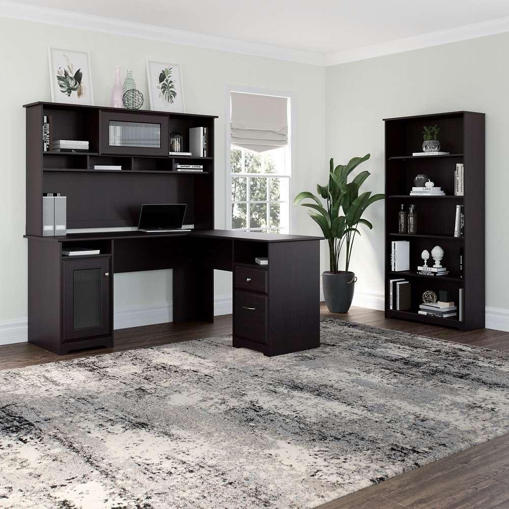 Bush Furniture - Cabot 60W L Shaped Computer Desk with Hutch and 5 Shelf Bookcase in Espresso Oak - CAB011EPO veiw 2