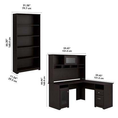 Bush Furniture - Cabot 60W L Shaped Computer Desk with Hutch and 5 Shelf Bookcase in Espresso Oak - CAB011EPO veiw 5
