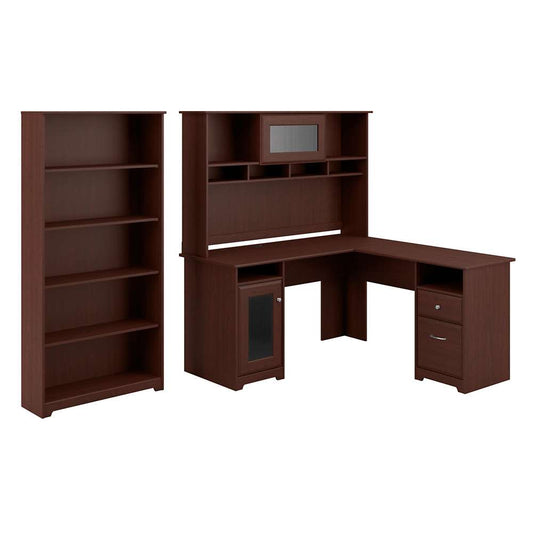 Bush Furniture - Cabot 60W L Shaped Computer Desk with Hutch and 5 Shelf Bookcase in Harvest Cherry - CAB011HVC veiw 1