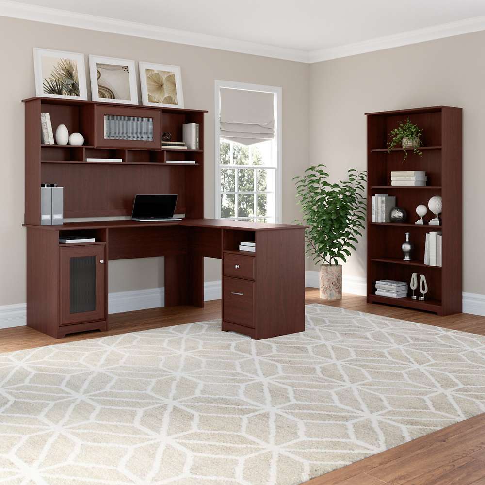 Bush Furniture - Cabot 60W L Shaped Computer Desk with Hutch and 5 Shelf Bookcase in Harvest Cherry - CAB011HVC veiw 2