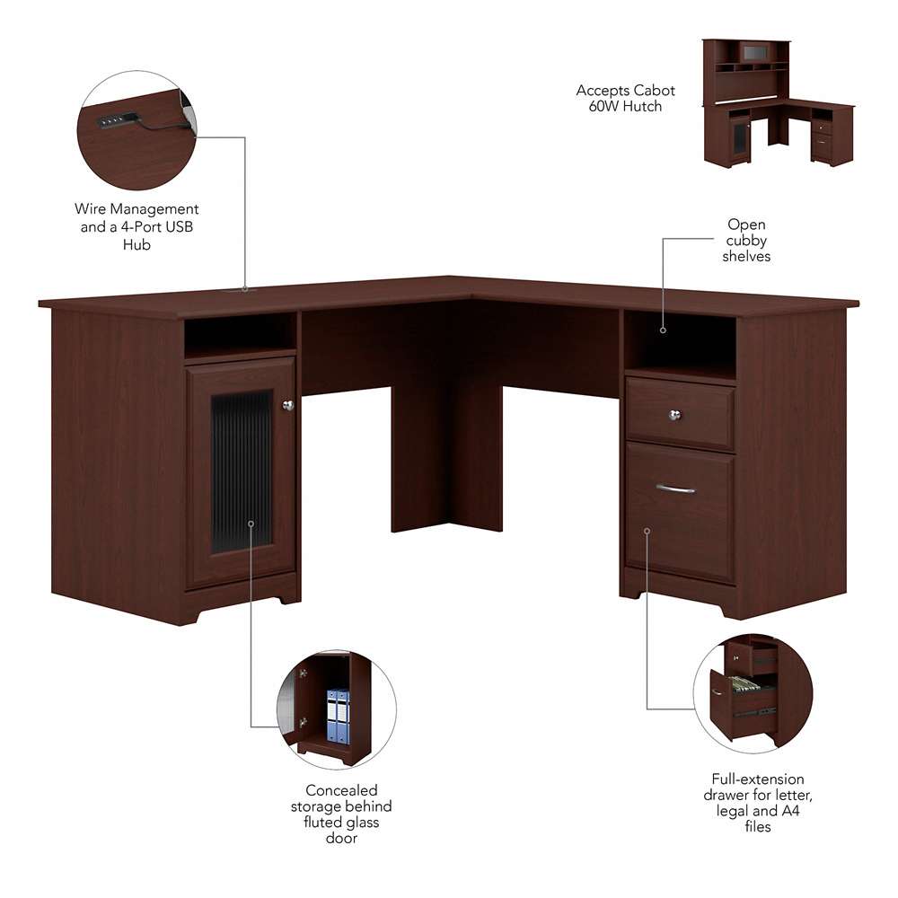 Bush Furniture - Cabot 60W L Shaped Computer Desk with Hutch and 5 Shelf Bookcase in Harvest Cherry - CAB011HVC veiw 7