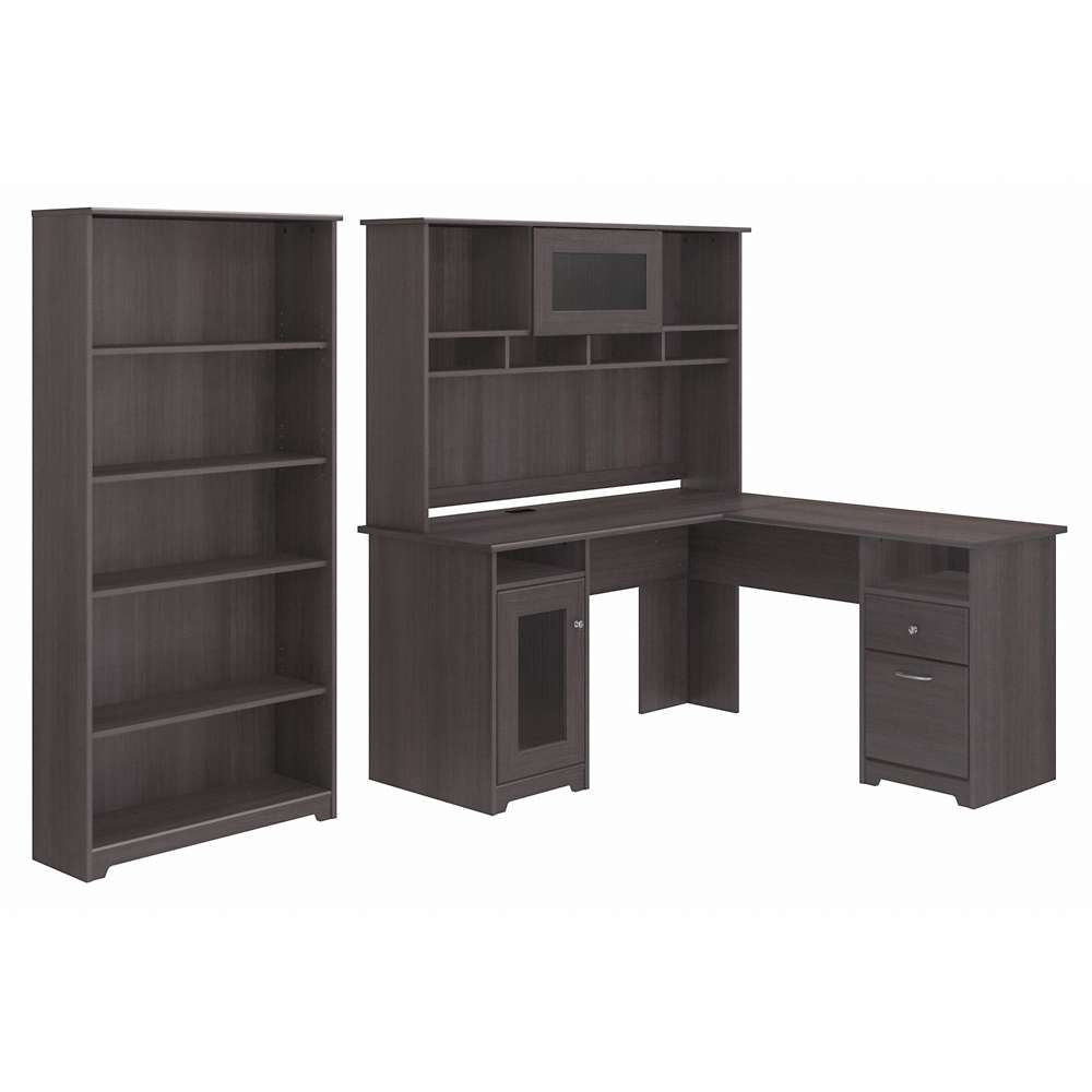 Bush Furniture - Cabot 60W L Shaped Computer Desk with Hutch and 5 Shelf Bookcase in Heather Gray - CAB011HRG veiw 1