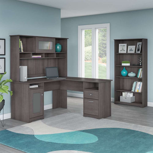 Bush Furniture - Cabot 60W L Shaped Computer Desk with Hutch and 5 Shelf Bookcase in Heather Gray - CAB011HRG veiw 2