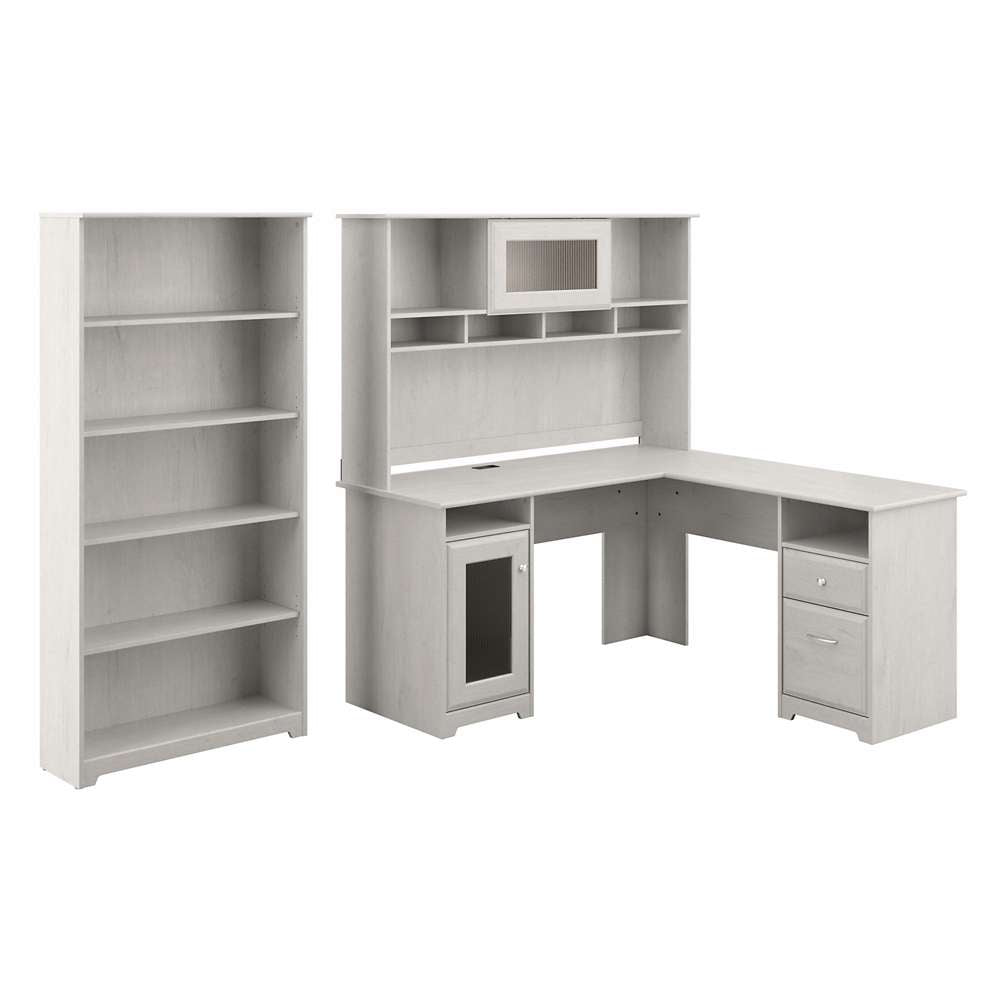 Bush Furniture - Cabot 60W L Shaped Computer Desk with Hutch and 5 Shelf Bookcase in Linen White Oak - CAB011LW veiw 1