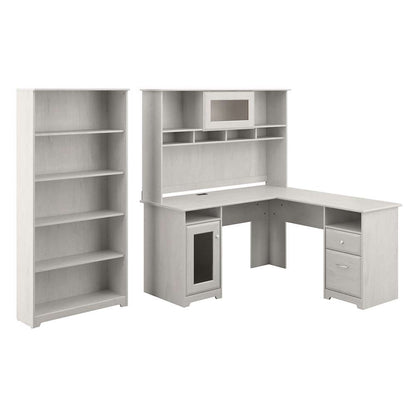 Bush Furniture - Cabot 60W L Shaped Computer Desk with Hutch and 5 Shelf Bookcase in Linen White Oak - CAB011LW veiw 1