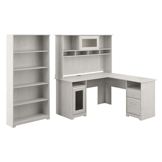 Bush Furniture - Cabot 60W L Shaped Computer Desk with Hutch and 5 Shelf Bookcase in Linen White Oak - CAB011LW veiw 1