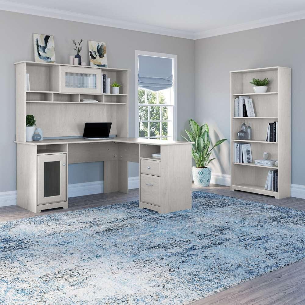 Bush Furniture - Cabot 60W L Shaped Computer Desk with Hutch and 5 Shelf Bookcase in Linen White Oak - CAB011LW veiw 2