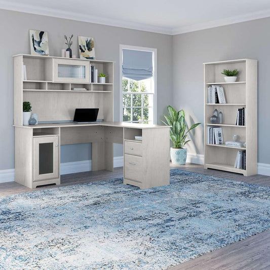 Bush Furniture - Cabot 60W L Shaped Computer Desk with Hutch and 5 Shelf Bookcase in Linen White Oak - CAB011LW veiw 2