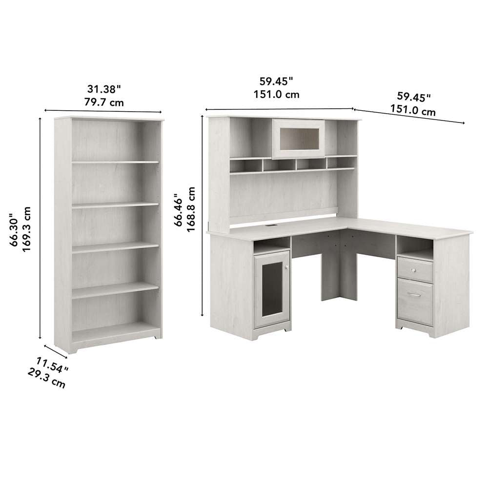 Bush Furniture - Cabot 60W L Shaped Computer Desk with Hutch and 5 Shelf Bookcase in Linen White Oak - CAB011LW veiw 5
