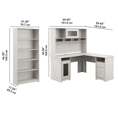 Bush Furniture - Cabot 60W L Shaped Computer Desk with Hutch and 5 Shelf Bookcase in Linen White Oak - CAB011LW veiw 5
