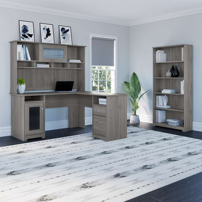 Bush Furniture - Cabot 60W L Shaped Computer Desk with Hutch and 5 Shelf Bookcase in Modern Gray - CAB011MG veiw 2