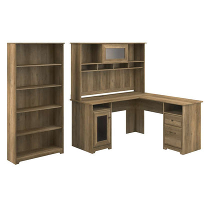Bush Furniture - Cabot 60W L Shaped Computer Desk with Hutch and 5 Shelf Bookcase in Reclaimed Pine - CAB011RCP veiw 1