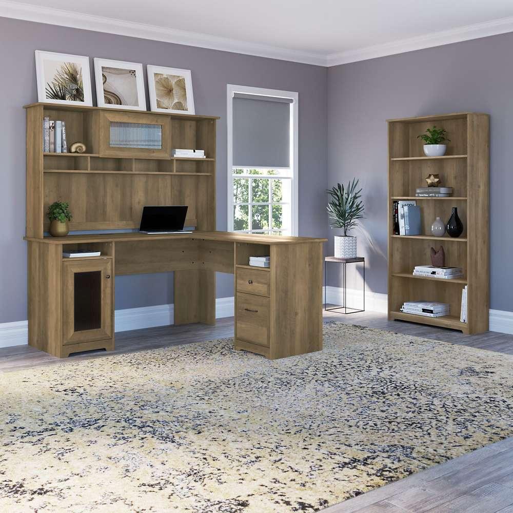 Bush Furniture - Cabot 60W L Shaped Computer Desk with Hutch and 5 Shelf Bookcase in Reclaimed Pine - CAB011RCP veiw 2